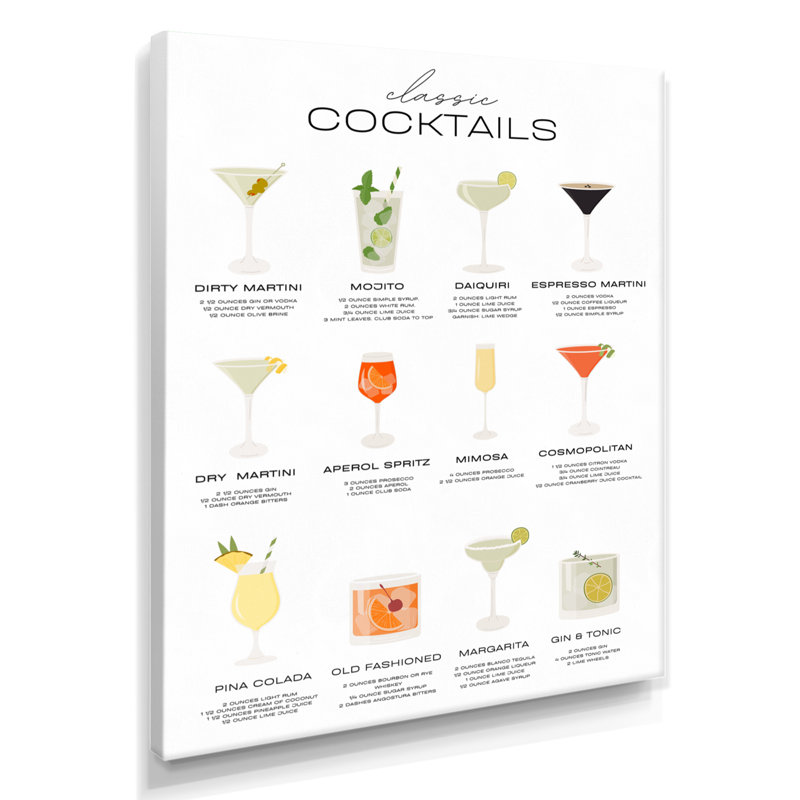 Recettes de cocktails classiques - Art mural de salon, cocktails, H 40 po x l 30 po, Toile tendue