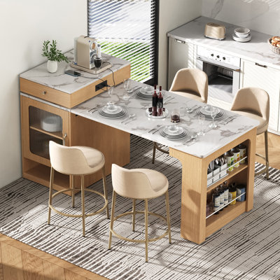 Aether 59.5" Kitchen Island With Extendable Dining Table, Kitchen Island With Storage Drawers, Power Outlet, Side Open Shelves, For Kitchen, Dining Ro by Ivy Bronx