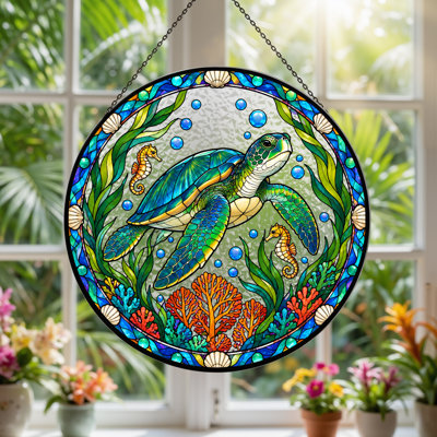 Stained Glass Sea Turtle and Seahorses in Ocean Bubbles Canvas Wall Art