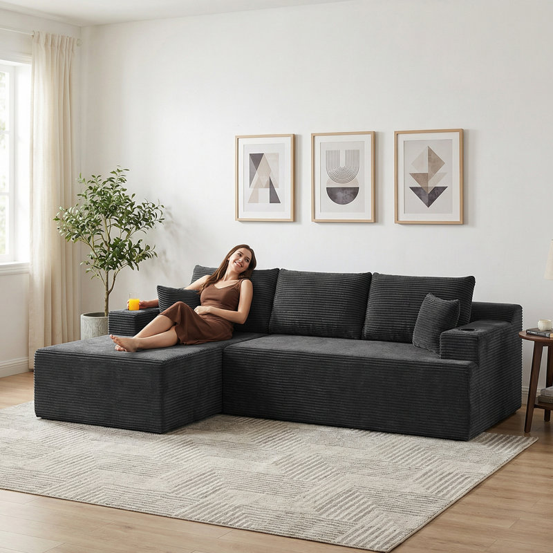 106" W Sectional Compression Sofa 2 Piece Corduroy Modular Deep Seat Cloud Couch With Cup Holder & Chaise Set, No Assembly Required