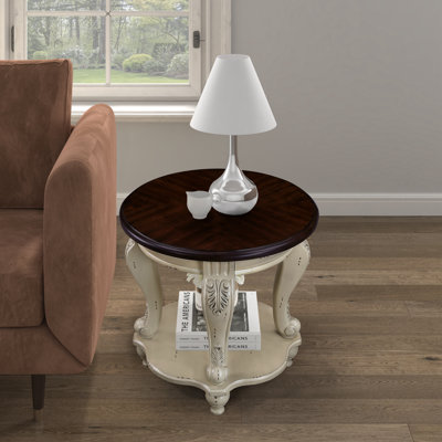 Table de bout ronde 22 pouces à deux tons, table d'appoint en bois massif avec tablette, table de coin de salon facile à assembler