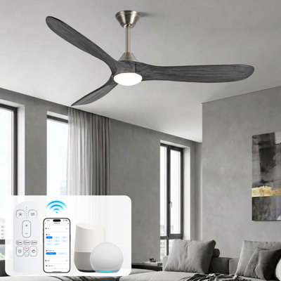 Ventilateur de plafond intelligent de 70 pouces avec éclairage, télécommande via application Alexa, 3 pales en bois massif, moteur CC silencieux, style ferme moderne pour les grandes pièces intérieures avec hauts plafonds.