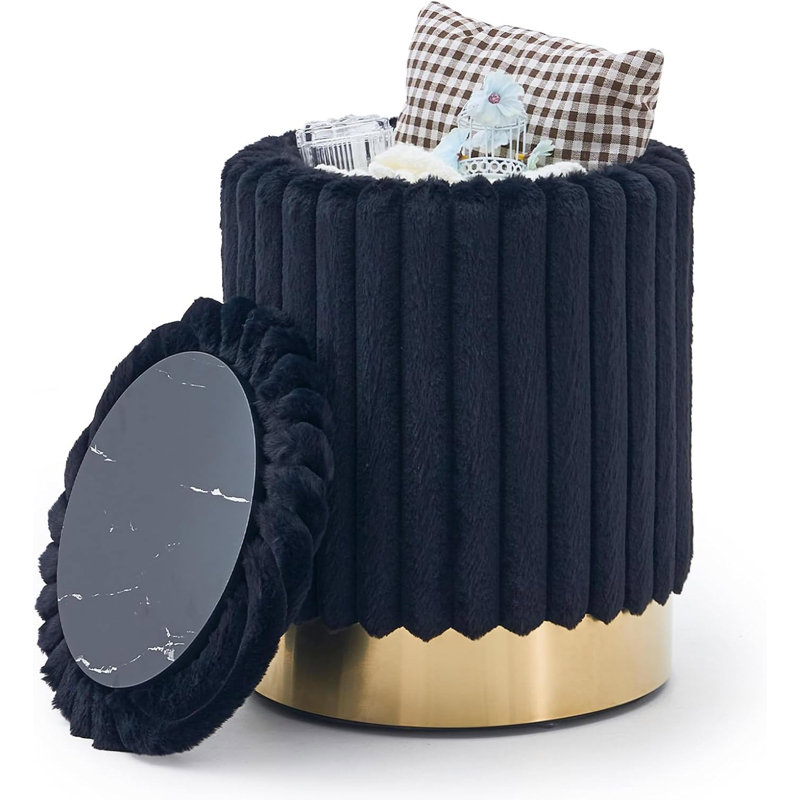 Round Velvet Ottoman with Storage, Black