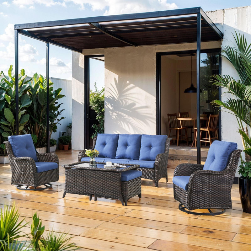 Bonia 7-Piece Outdoor Wicker Furniture Set with Swivel Rocking Chairs, Ottoman & Tempered Glass Table – All-Weather PE Rattan, Deep Seat Design, 360° Rotation