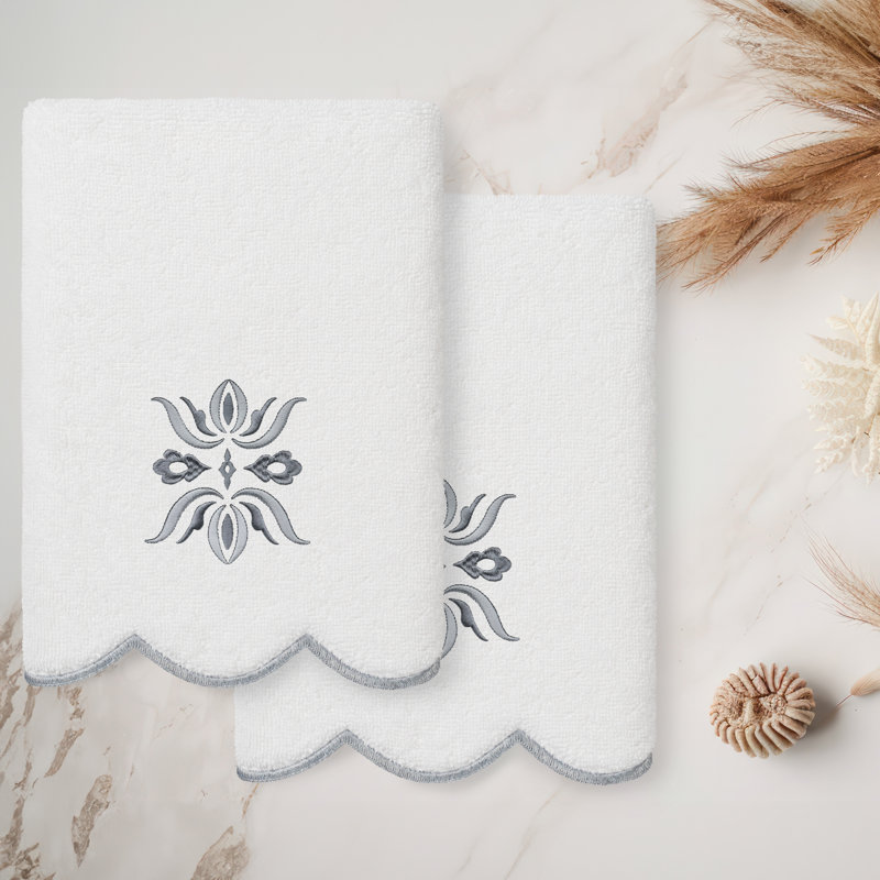  Ensemble de serviettes 100% coton à motif floral festonné 2 pièces, Blanc / Gris, Essuie-mains - paquet de 2
