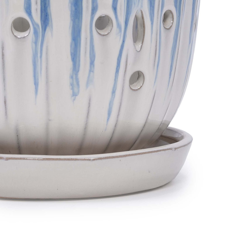 Set of 2 Ceramic Flowerpot with Drainage Hole, 8" Modern Planter for Patio, Garden, Windowsill, White/Blue