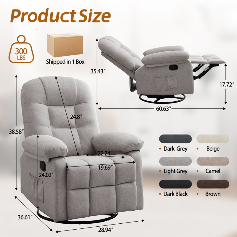 KORSER Recliner Chair, Small Recliner For Small Space, 360 ° Swivel Rocker Recliner For Living Room, Manual Recliner With Side Pockets