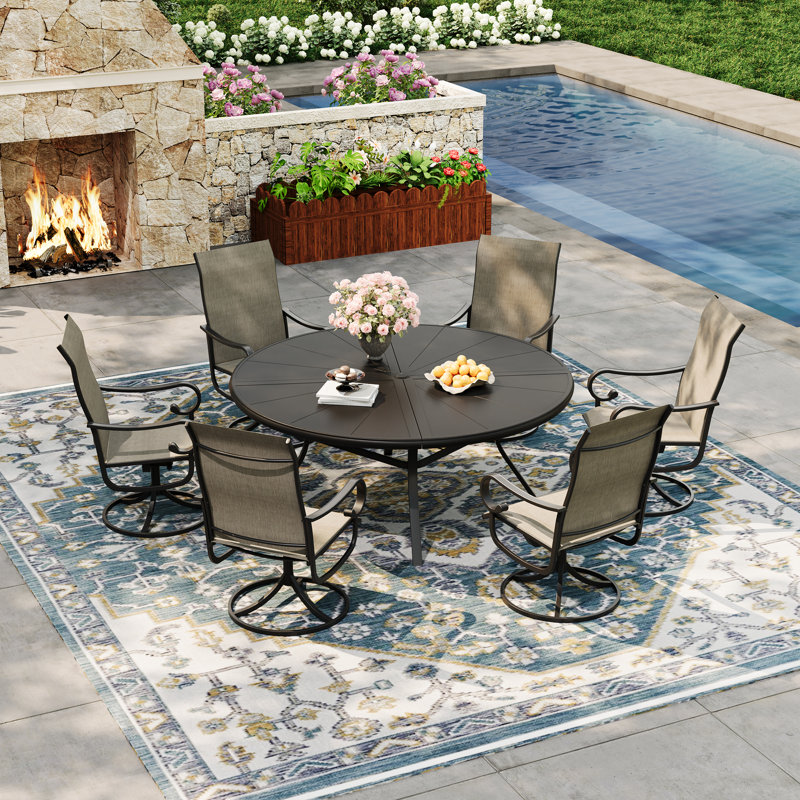Ensemble de salle à manger en aluminium pour patio avec table de salle à manger ronde en aluminium de 53 po et 6 chaises pivotantes en textilène