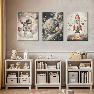 Nursery Space Astronaut Canvas Wall Art Rocket Ship And Astronaut Watercolor Painting Pictures Fun Outer Space Adventure Room Wall Decor Spaceman Planet Universe Posters Prints Artwork Framed