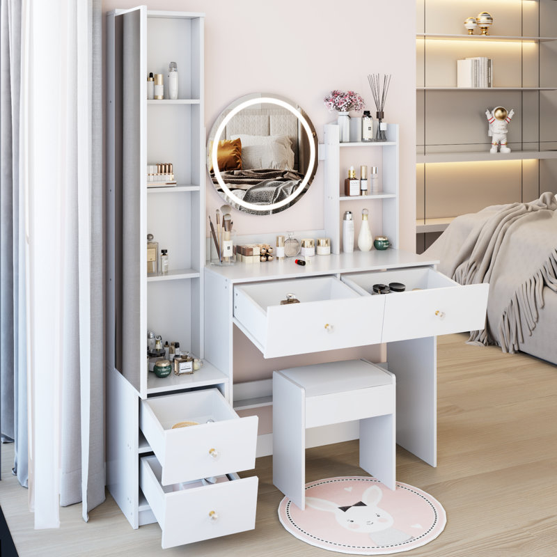 17" Diameter 3 - Color Brightness Mutable Led Vanity Table, Full Body Mirror Cabinet And Cushioned Stool, American Style White Dressing Option Design Ensemble: Variable Mirror, Stool With Ample