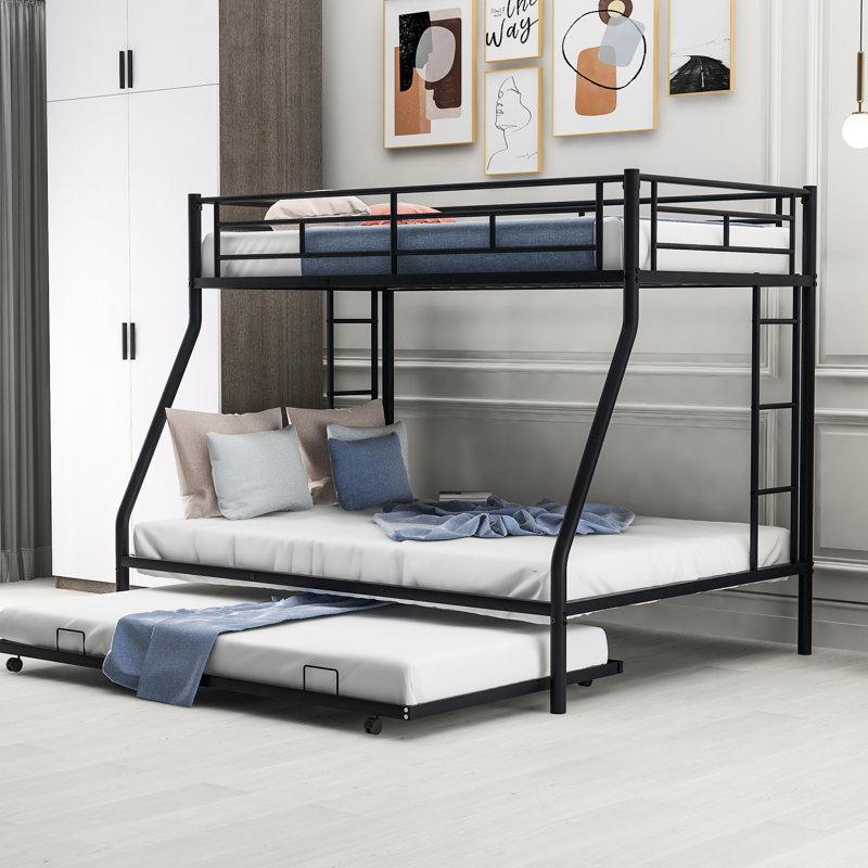 Twin Over Full Bunk Bed With Stable Steel Frame, Size Trundle And Two Ladders, Black Color Metal Mechanical Feature, Ladders