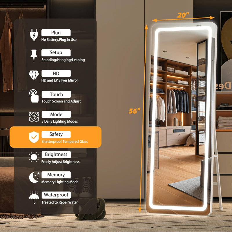 Full Length Mirror With Lights, 56" X 20" LED Floor