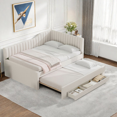 Upholstered Daybed With Trundle, Three Drawers And Vertical Striped Design