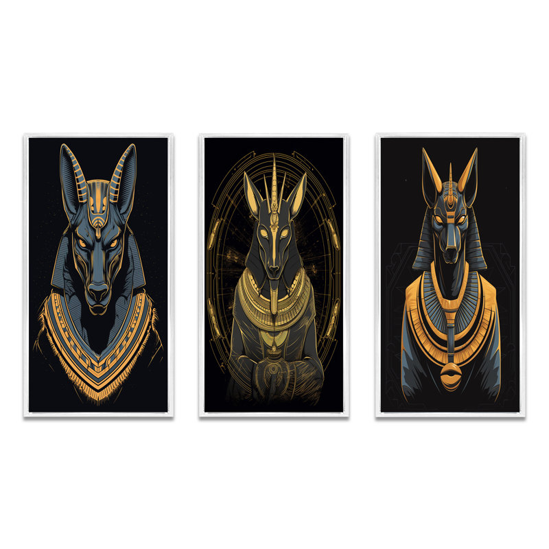 «Graphic Anubis Ancien égyptien Jackal dieu» - 3 pièces, Cadre flottant blanc, H 40 po x l 60 po