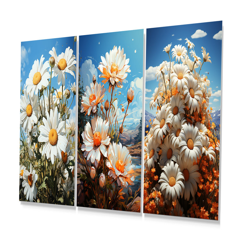 Ensemble de 3 décorations murales blanches et jaunes Daisy, H 28 po x l 36 po