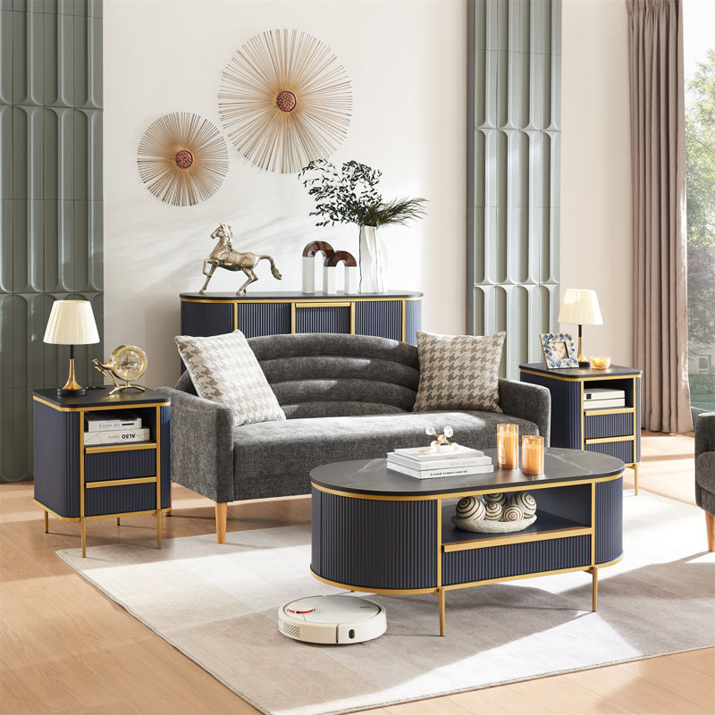 Table basse ovale avec rangement Roseellen, Noir, Bleu foncé