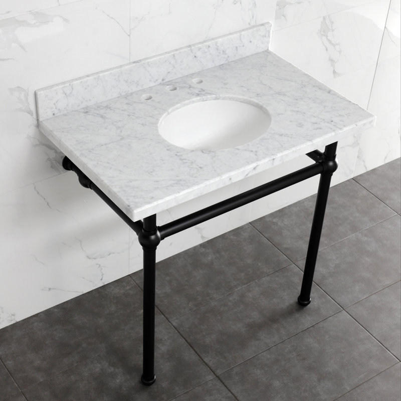 Kingston Brass Templeton 36-Inch Carrara Marble Console Sink with Brass Legs (8-Inch, 3-Hole), Matte Black