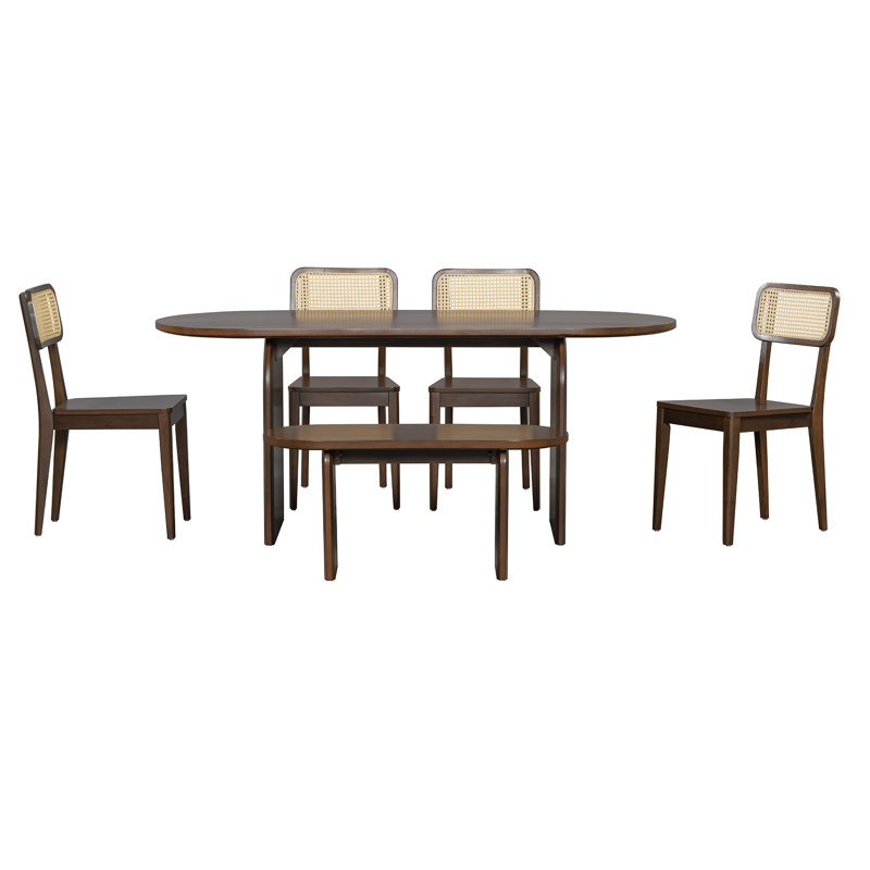 6-Piece Oval Dining Table Set with a Bench and 4 Rattan-back Chairs, Brown