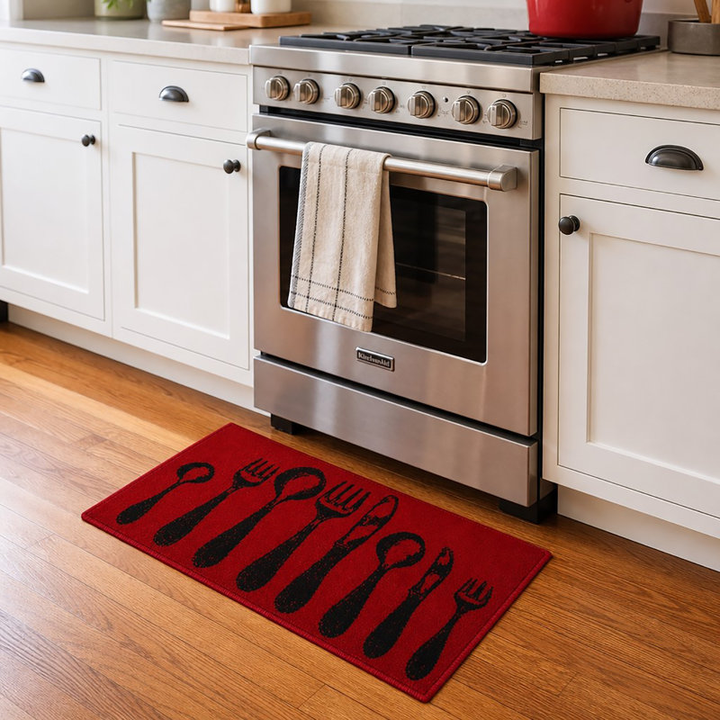 Luxurious Comfort Chef Kitchen Mat, Cutlery Design, Low-Profile, Universal Fit, Rectangle 1'8'' x 2'8", Red