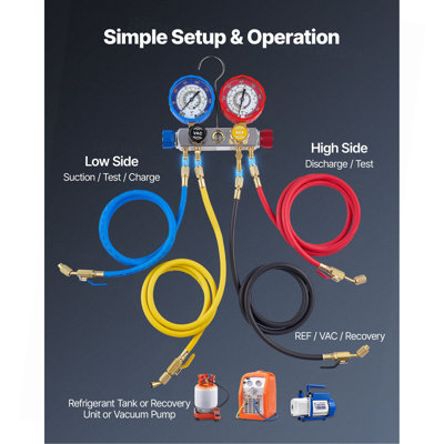 AC Manifold Gauge Set for R22 R404A R410A R12 Refrigerants, 4 Way AC Gauges with 5 ft Hoses for Automotive & Household Air Conditioning Maintenance, Evacuation Vacuuming Charging and Recovery