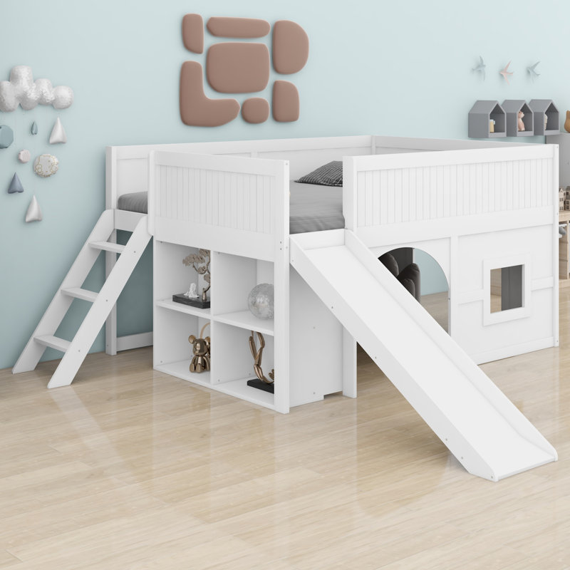Low-Profile Wooden Loft Bed With Slide, Storage Shelves, White