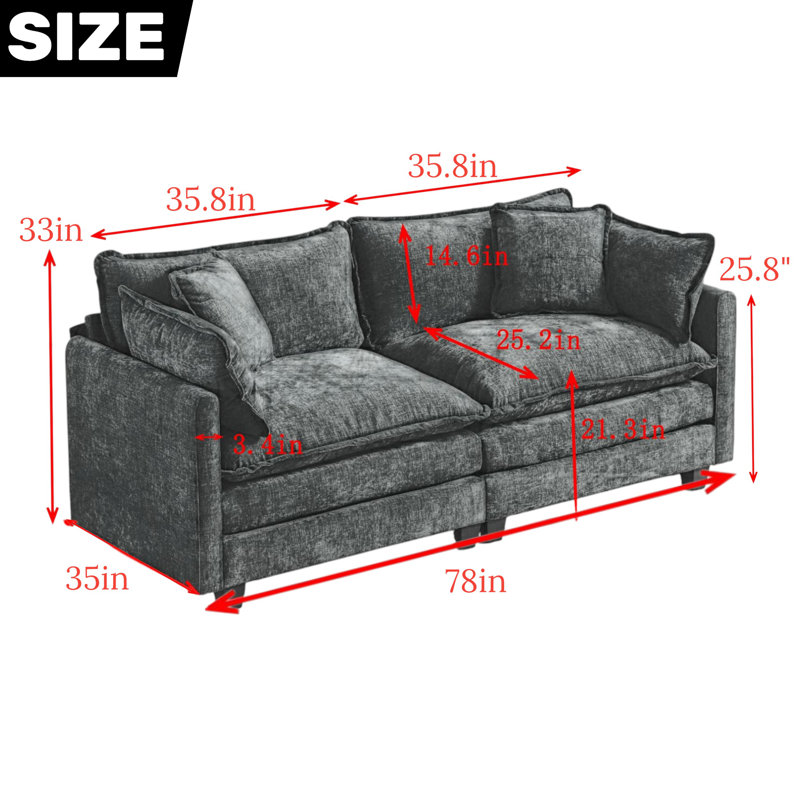 Geneveve 78"W Chenille Upholstered Loveseat Sofa With Ottoman, 4 Compressed Pillows & Compressed Foam Cushions, Beige