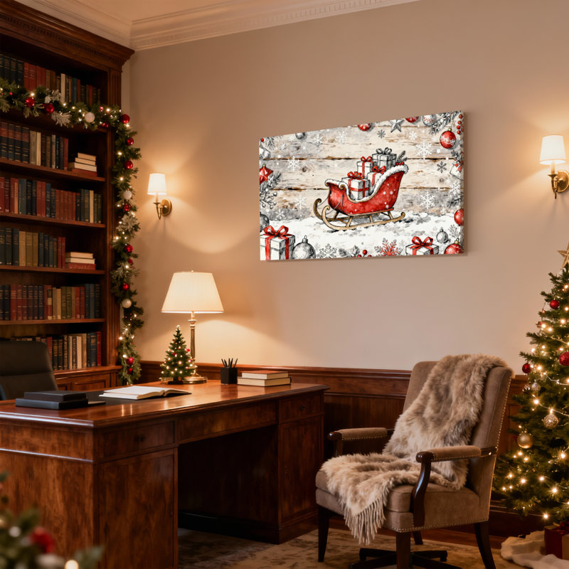 Ensemble de 3 impressions sur toile de Noël traîneau de Noël avec cadeaux et ornements, H 16 po x l 24 po