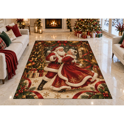 "Ultra Thin" 5' x 7' Mr. and Mrs. Claus Celebration Christmas Area Rug for Living Room, Bedroom and Home Office, Soft Low Pile Carpet with Non-Slip Silicone Backing