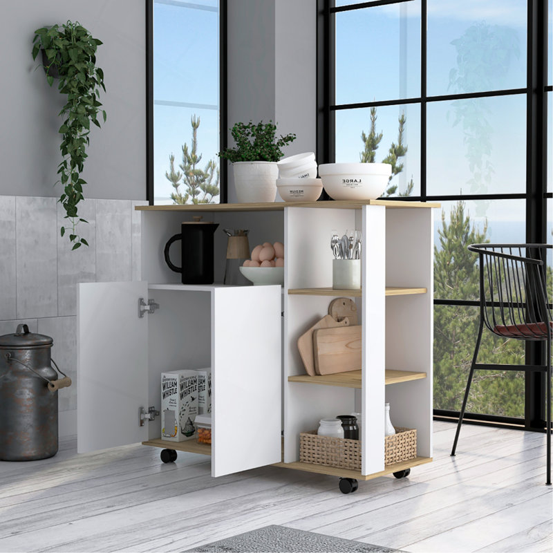 Kitchen Cart 35" H, Four Open Shelves, Double Door Cabinet, Four Casters