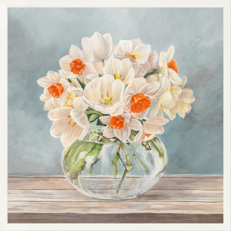 Fleurs et vases aigue-marine II - impression sur toile tendue, H 12 po x l 12 po x P 1,5 po, Sans cadre / toile, Aucun mat