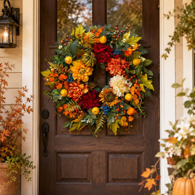 Couronne d'automne de 61 cm (24 pouces), décoration de porte artificielle sur le thème des récoltes d'automne, avec fleurs, citrouille et poire