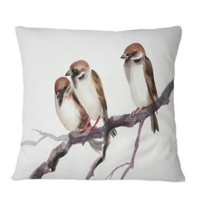 Trois moineaux sur une branche - Coussin décoratif à imprimé traditionnel