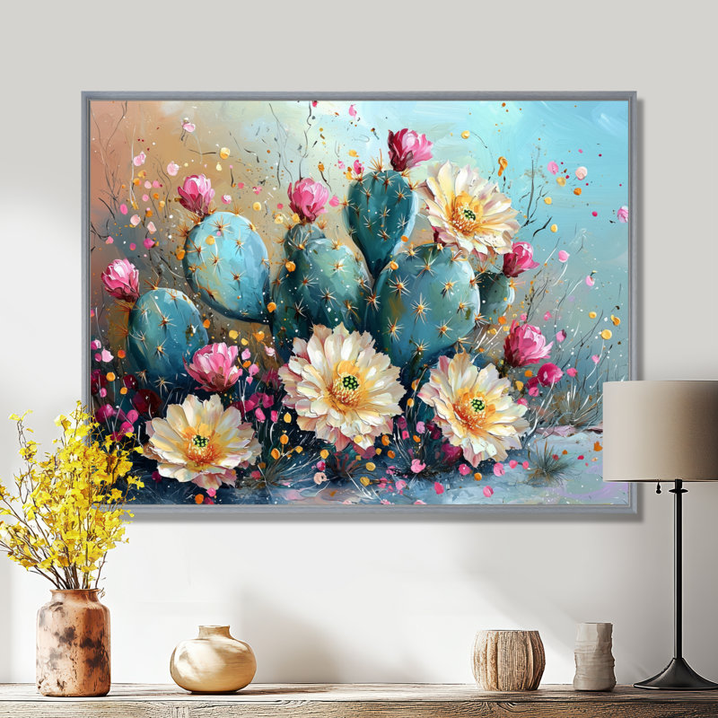 Cactus jaune et vert - Cactus, art mural, H 34 po x l 44 po, Cadre flottant, Argent argent
