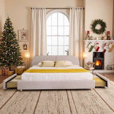 Queen\King Size Upholstered Bed Frame With Yarn Fabric, Curved Headboard, And Storage Drawers