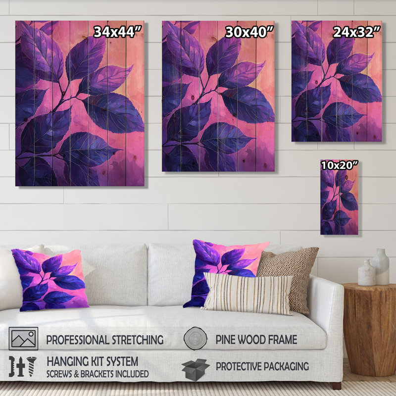 Plum Leaves Evening Collage III - Impression sur bois de feuilles - sur bois de pin naturel, H 20 po x l 10 po x P 0,78 po