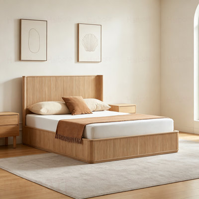 Walnut Corrugated Wave Wood Headboard Platform Bed frame, 44" Tall Headboard Queen Size Bed Frame, Modern Minimalist, No Box Spring Required