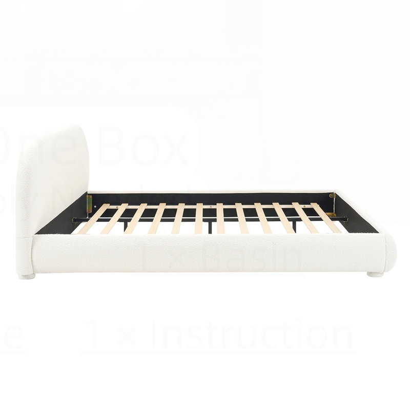 Boucle Upholstered Low Platform Bed with Headboard, King, White Boucle 1