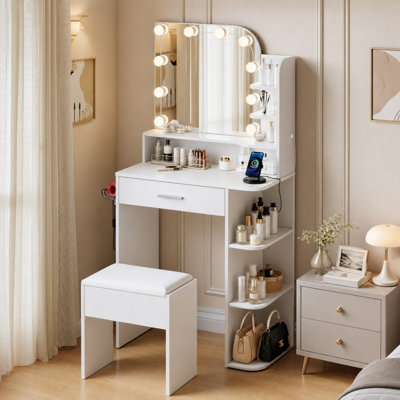 Ensemble de coiffeuse de maquillage avec tabouret, prise de courant et luminosité réglable à 3 modes