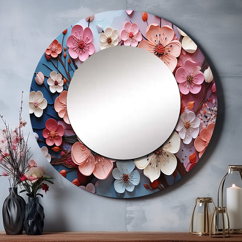 Apple Blossom Harmony I - grand miroir mural Apple Blossom, miroir rond corail unique, impression d'art en métal