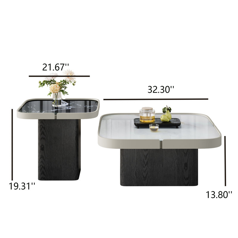 Nesting Tables Set of 2, Square Coffee Table with Black Wood Base, Stone Side Table