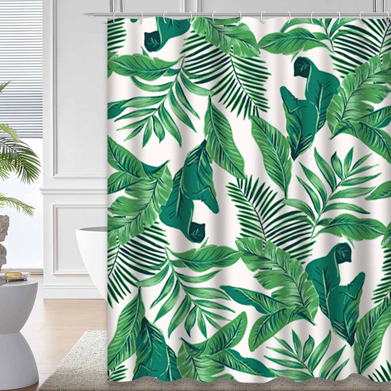 Tropical Leaves Jungle Exotic Green Shower Curtain with 12 Hooks, 72" L x 84" W
