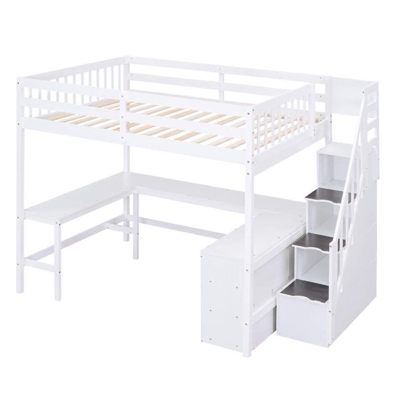 Loft Bed With Built-In L-Shaped Desk And Three-Tier Storage Shelves, White