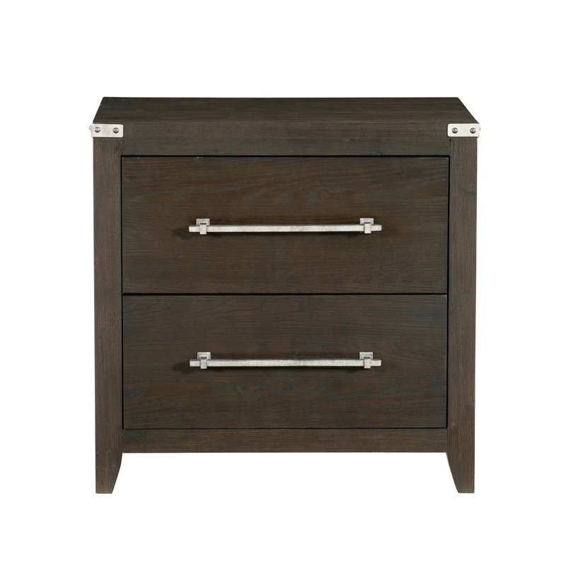Finition brun foncé 1pc 2 tiroirs table de chevet tachetée barre d'argent ton mobilier de chambre à coucher moderne transitionnel