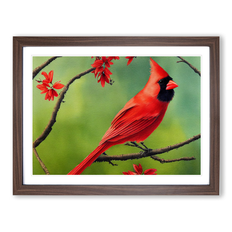 Watercolour Cardinal Bird Vol.2 - Single Picture Frame Painting, 46cm H x 64cm W x 2cm D, Walnut Framed