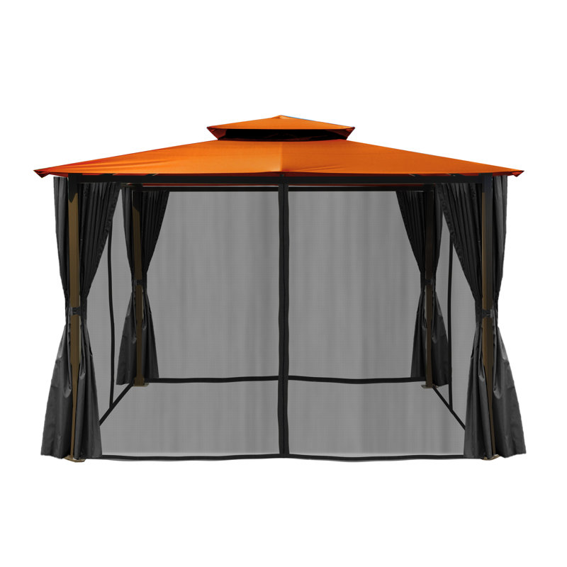 Barcelona 10 Ft. W x 12 Ft. D Aluminum Patio Gazebo with Mosquito Netting and Privacy Curtains, Rust