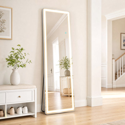 Miroir sur pied lumineux 16 po x 60 po avec support, éclairage DEL 3 couleurs, autoportant ou mural