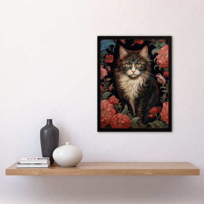 Stylish Maine Coon Cat In Pink Flower Garden Floral - Single Picture Frame Print