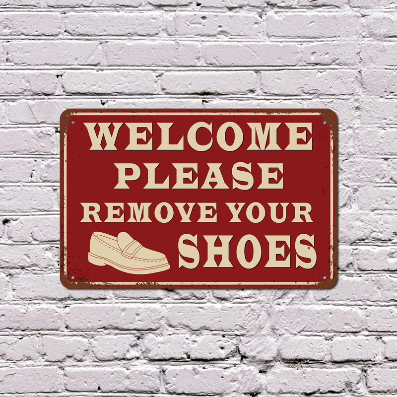 Panneau «Welcome Veuillez retirer vos chaussures» de style rétro en aluminium 18 po x 24 po, H 18 po x l 24 po x P 0,1 po