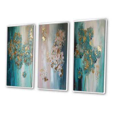 " Hydrangea Flower Blossoming Gold Retro Teal Gold " 3 - Pieces