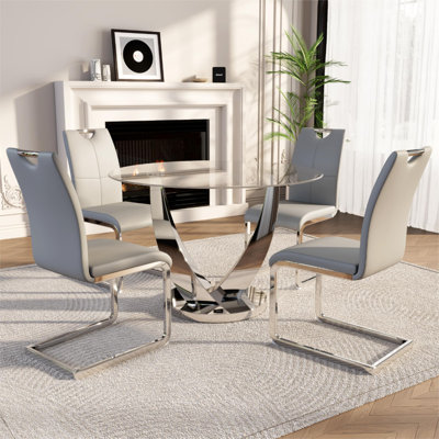 47.2" 5-Piece Modern Round Glass Dining Table Set For 4, Modern Silver Stainless Steel Base Table With Upholstered PU Leather Cushioned Chairs, Space-Saving Dining Room Set For Home, Kitchen & Living Room